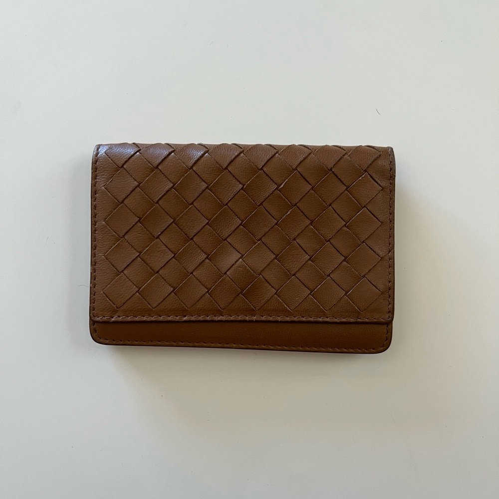 Authentic Bottega Veneta camel tan woven calfskin business card holder wallet